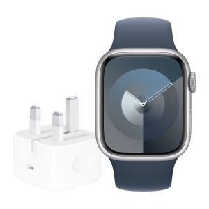 Apple Watch Series 9 GPS 41mm Silver Aluminium Case with Storm Blue Sport Band - S/M + 20W USB-C POWER ADAPTER-ZEE